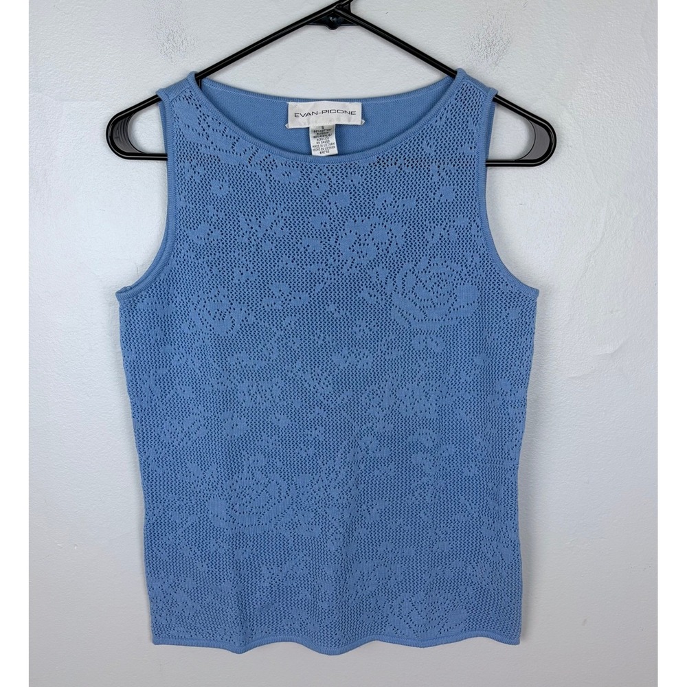 Evan-picone Sky Blue Open Knit Floral Tank Top Sweater Vest Fairy Size Small